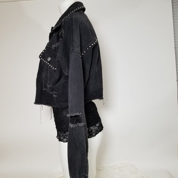 Forever 21 Jean Denim Jacket Coat S Black Distressed Stud Bling Gothic Punk Alt - Picture 10 of 12